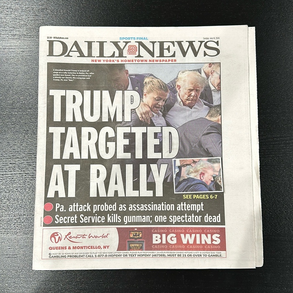 Daily News New York Newspaper - Trump Targeted at Rally - July 14 2024